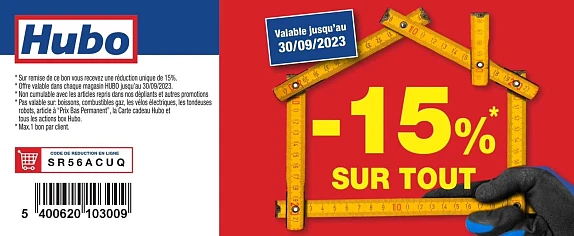 ✅ 15% de réduction sur TOUT chez Hubo 👉 Il...
