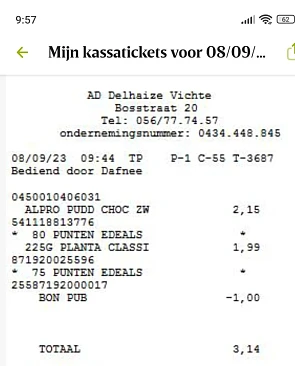 Aankoop Delhaize: planta 225g €1,99 -bon €1 v...