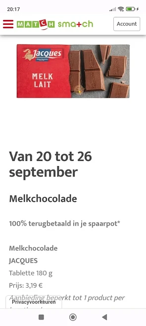 Van 20 tot 26 september bij smatch 100% terug...