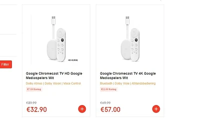 Chromecast hd voor € 22,90 bij Ochama, terwij...