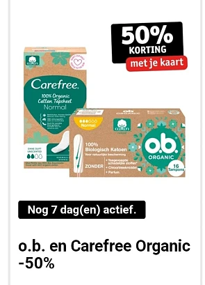 Kruidvat 50% korting o.b. en carefree organic...