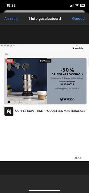 Bij nespresso met deze code 50% korting op ee...
