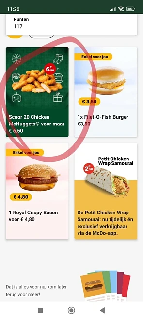 Tem 3/12 in de mc Donalds app: 20 mc chicken...