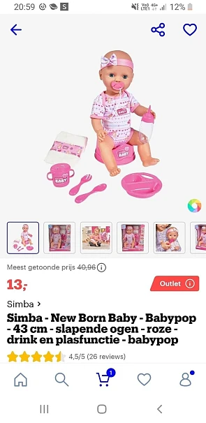 Baby pop 43 cm met drink en plasfunctie bij b...