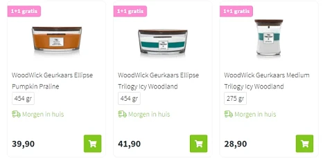 1+1 gratis op selectie Woodwick geurkaarsen bij Plein