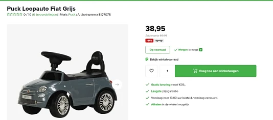 44% korting bij Baby-Dump op Puck Loopauto Fiat Grijs