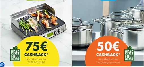 50€ of 75€ cashback op resp. BK Twist 4-delige pannenset/Greenpan XL Grill/Griddle