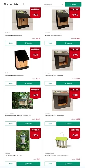 Nestkastjes en voederhuisjes 50%