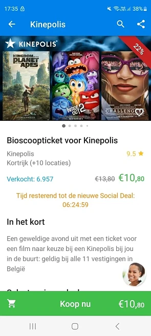 Kinepolis 10,80€ pp