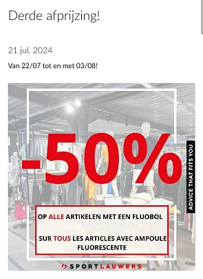 50% korting op alle artikelen met fluobol bij sport Lauwers!