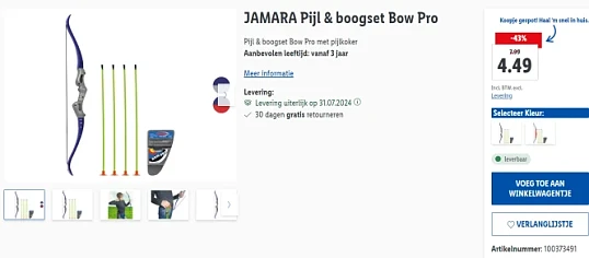 €4,49 voor Pijl en boog set 🏹 43% korting 🏹 Lidl Webshop