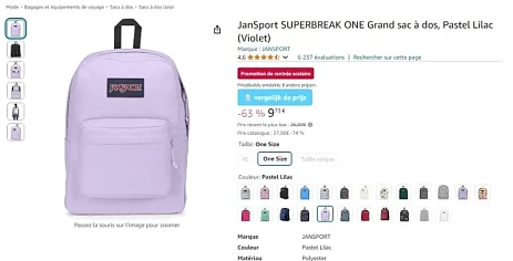 Sac à dos JanSport avec 63% de réduction chez Amazon BE
