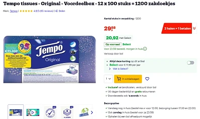 1+1 gratis op Edet & Tempo toiletpapier en tissues bij Bol