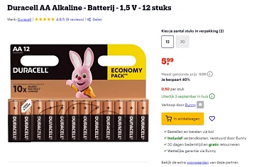 Duracell AA Alkaline, 1.5 V, 12 stuks - 40% korting op Bol.com
