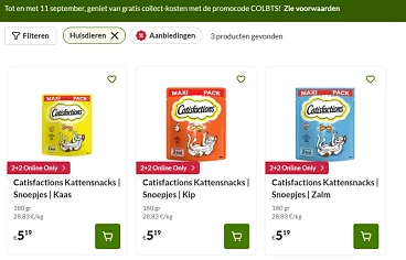 1+1 gratis op Catisfactions kattensnacks 🐱 Web Only deal bij Delhaize