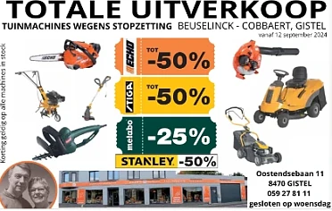 Totale uitverkoop tuinmachines