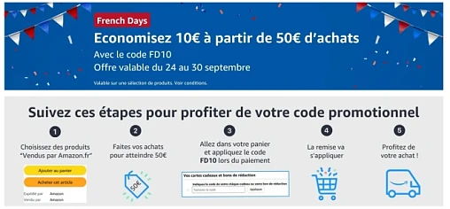 Amazon FR: économisez 10 € à partir de 50 € d'achats avec le code promo