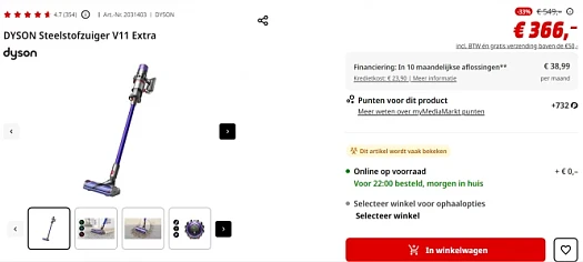 33% korting op DYSON Steelstofzuiger V11 Extra (183 euro goedkoper dan bij Dyson zelf)