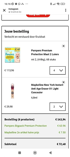 Pampers Premium Protection 4 pakken van 68 stuks voor €50 en Maybelline concealer 2e aan de helft van de prijs