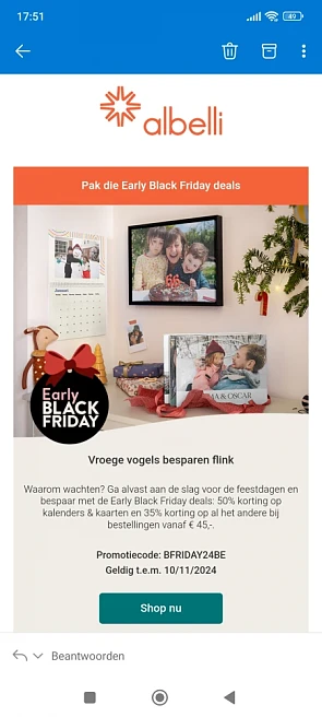 50% korting op kalenders en kaarten m, 35% korting op de rest vanaf €45 bij albelli
