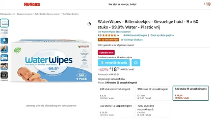 Huggies Waterwipes 540 stuks voor 18 euro