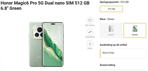 38% korting op de smartphone Honor Magic6 Pro 5G Dual nano SIM 512 GB 6.8" Green
