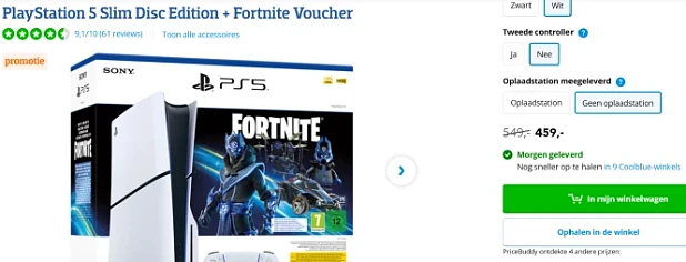 PlayStation 5 Slim Disc Edition + Fortnite Voucher voor €459 ipv €549 bij Coolblue