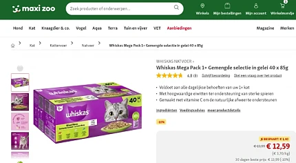 Whiskas Natvoer 40*85g voor katten. Slechts 3,70€/kg