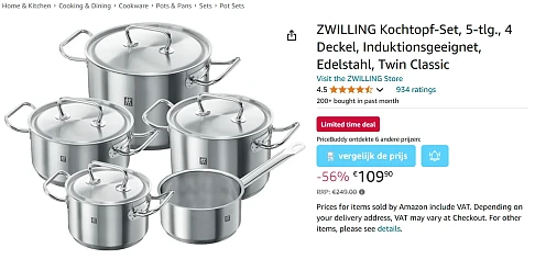 Zwilling 5-delige pottenset met 56% korting bij Amazon DE