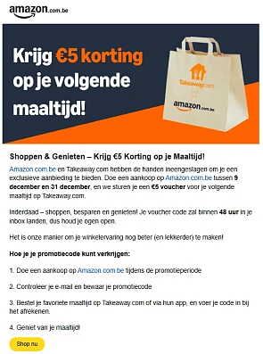 Gratis €5 voucher Takeaway.com bij aankoop Amazon