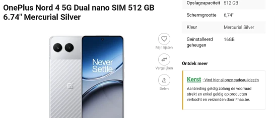 OnePlus Nord 4 5G Dual nano SIM 512 GB voor 449 euro bij Fnac