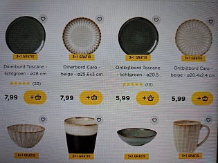 Alle servies en mokken 3+1 gratis