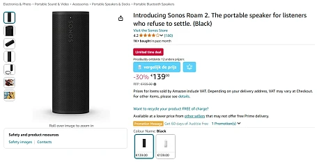Sonos Roam 2 aan de laagste prijs: €139 bij Amazon DE
