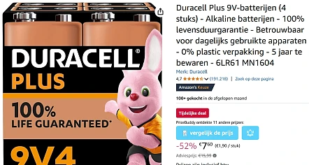 Duracell Plus 9V-batterijen 4 stuks voor slechts €7,60 bij Amazon NL
