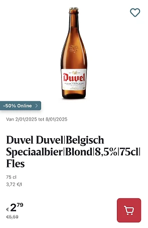 Duvel fles 75 cl -50% online promo