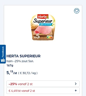 Collect&go HERTA SUPERIEUR ham -25% zout 5sn. 167g Gekookte ham