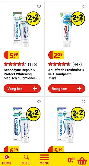 Alle tandpasta's 2+2 gratis kruidvat