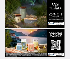 -25% WoodWick, Yankee Candle en Millefiori
