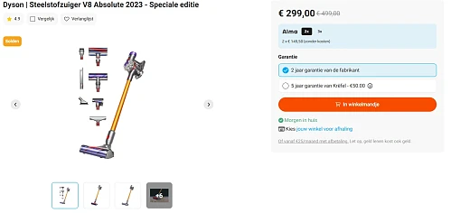 Dyson V8 Absolute voor €299 bij Krefel (€200 korting)
