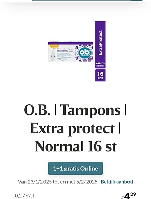 O.B. Tampons Extra protect Normal 16 st 1+1 gratis bij Delhaize