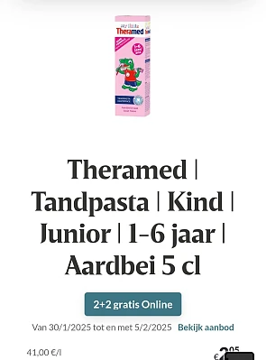 Theramed Tandpasta Kind Junior 1-6 jaar Aardbei 5 cl 2+2 gratis Online bij Delhaize