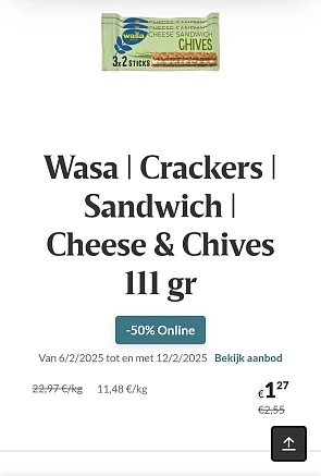 Wasa Crackers Sandwich Cheese & Chives 111 gr -50% Online Delhaize