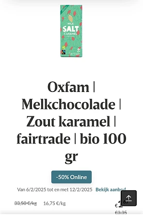 Oxfam | Melkchocolade | Zout karamel | fairtrade | bio 100 gr -50% Online Delhaize