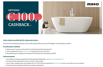 €100 cashback op RIHO (half) vrijstaande baden