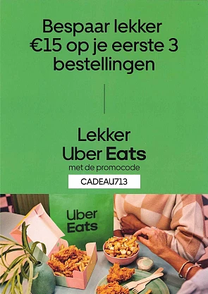 Uber Eats:15€ korting op je 1ste 3 bestellingen. Opgelet: zie voorwaarden