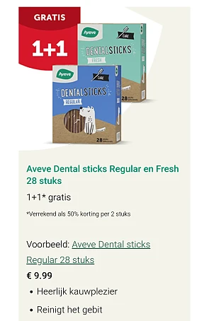 1+1 gratis op Aveve dental sticks!
