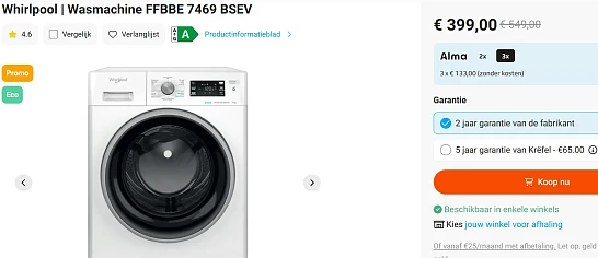 Whirlpool wasmachine label A met €150 korting bij Krefel