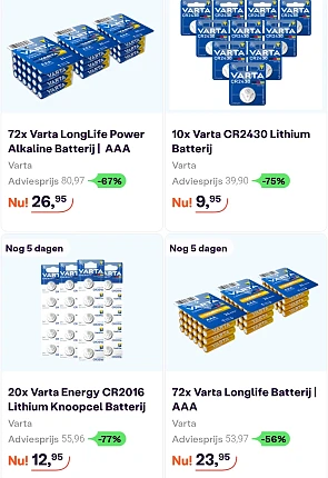 Varta batterijen tot 82% korting
