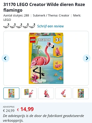 Lego flamingo 🦩€14,99 bij Toychamp