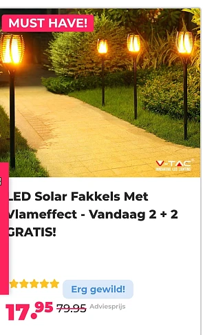 LED Solar Fakkels Met Vlameffect - Vandaag 2 + 2 GRATIS! -78% bij voordeelvanger.nl